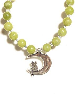 Genuine Serpentine Short Necklace, Gemstone & Silver Cat on the Moon Pendant